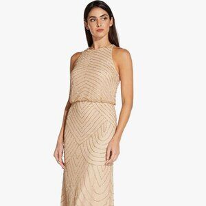Adriana Papel Beaded Blouson Dress with Halter Neckline (Nude, Size 4)